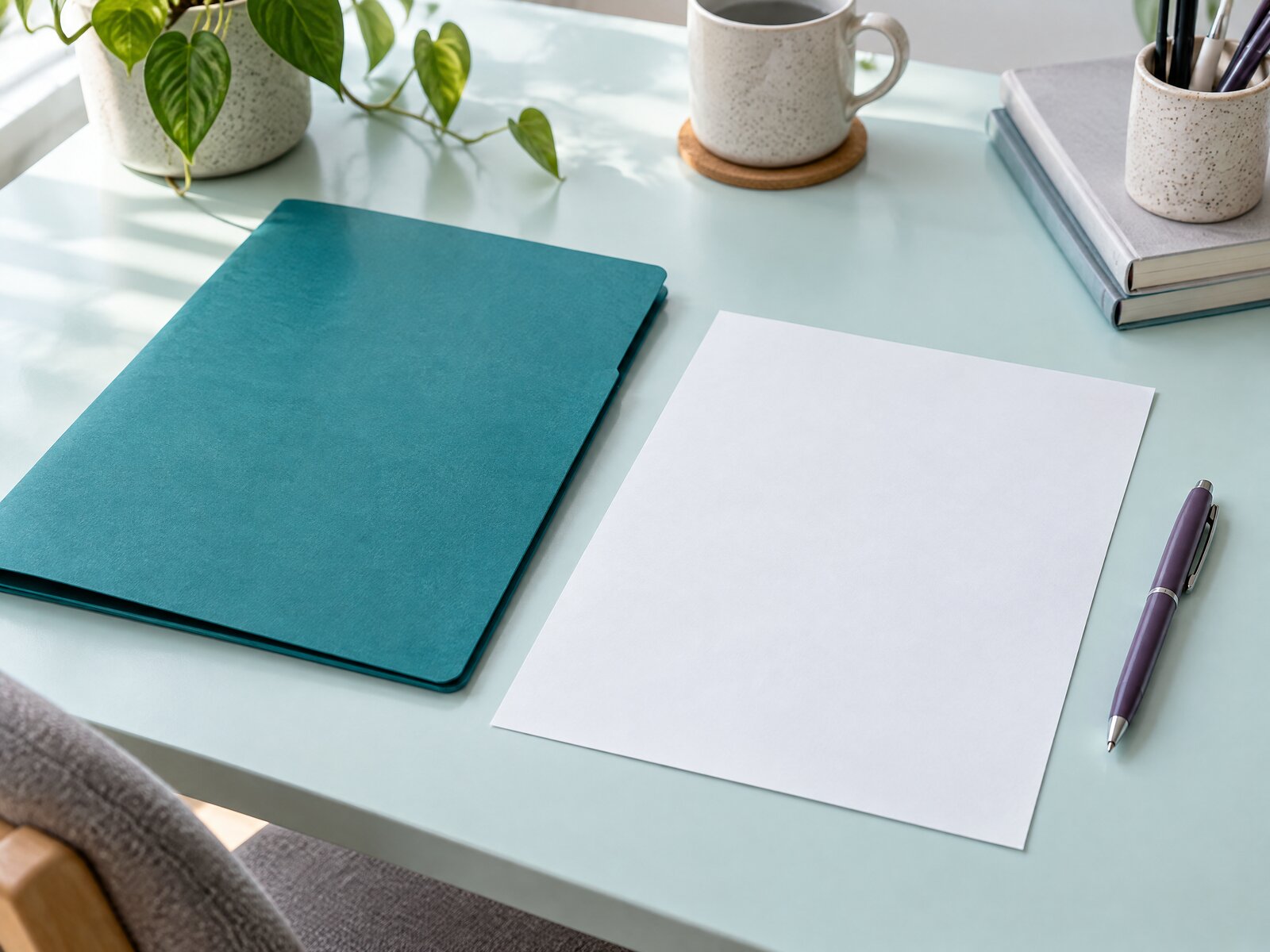 Blank teal folder beside an unmarked sheet and purple pen on a pale desk