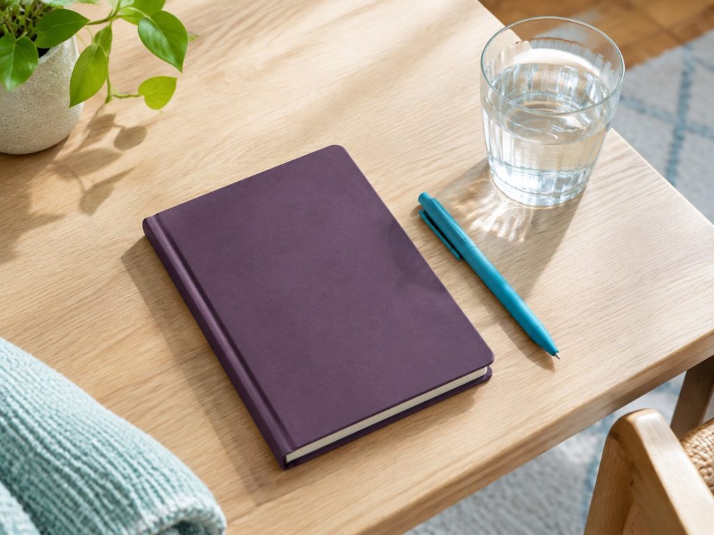 Closed purple notebook beside a teal pen and glass of water on a table