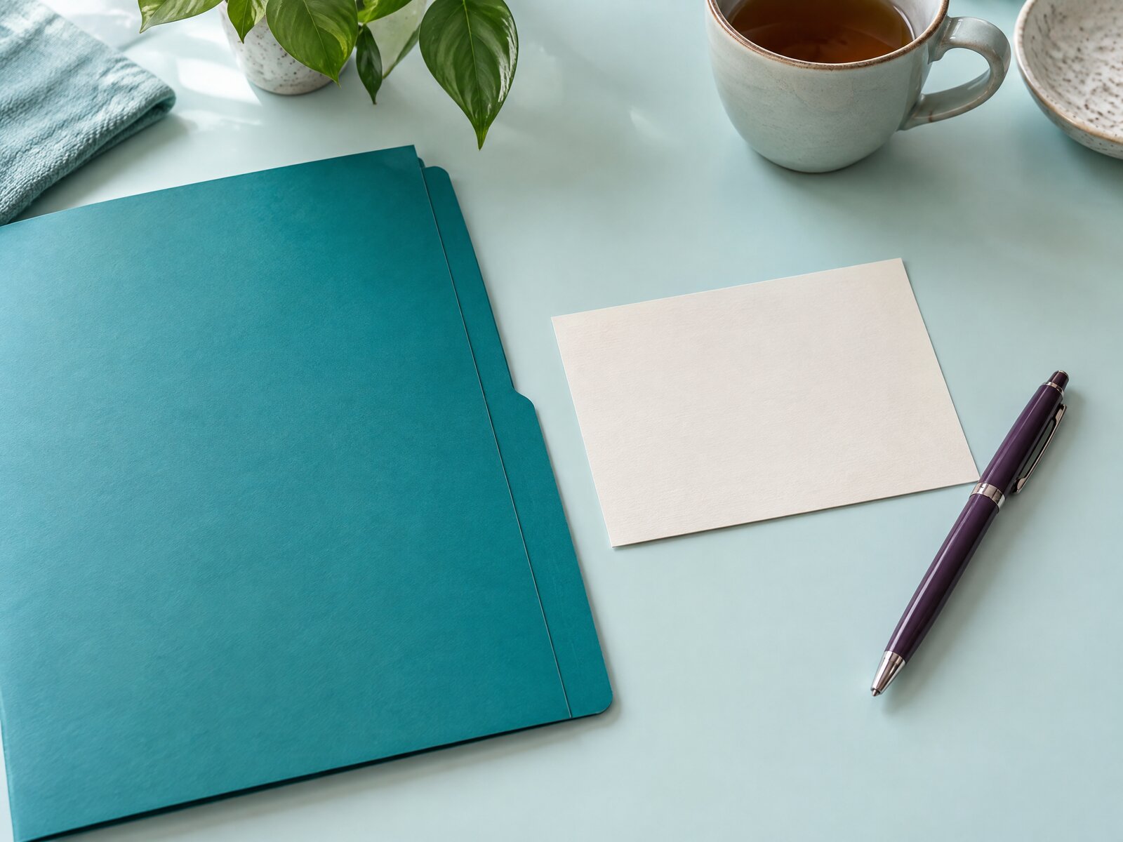 Closed teal folder, blank cream card and purple pen on a pale blue-green tabletop
