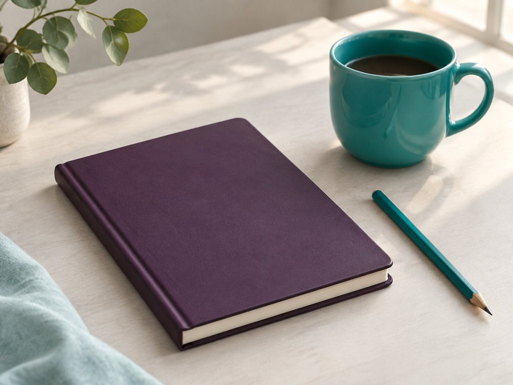 Closed purple notebook beside a teal mug and teal pencil on a pale table